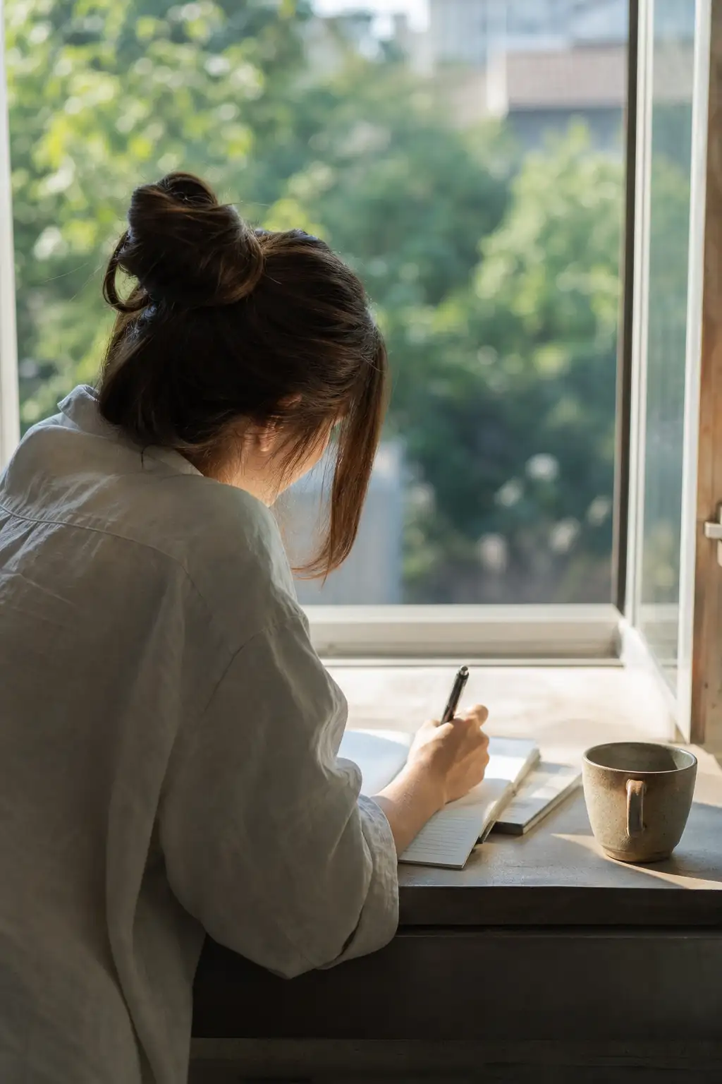 창가에서 노트에 손으로 글을 쓰는 사람 — 따뜻한 자연광, 집중하는 뒷모습. 글쓰기의 주체성을 표현