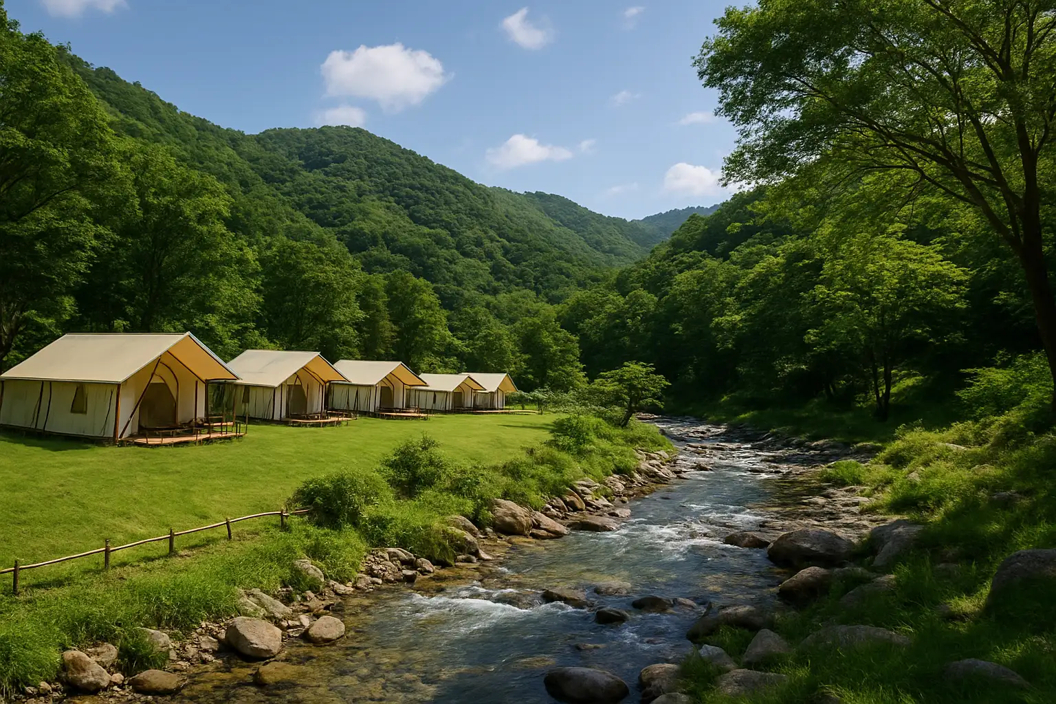 양산 배내골 초원 위 캠프포레 전경 — 글램핑장과 계곡이 함께 보이는 여름 풍경