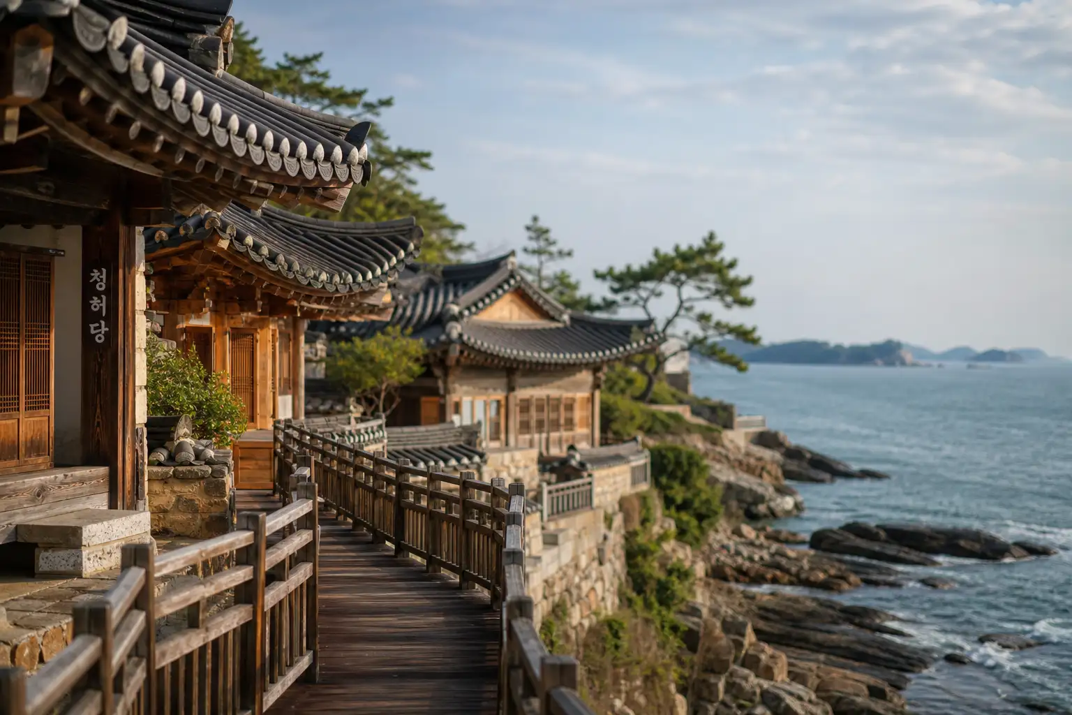 죽도 상화원의 해안 회랑과 한옥, 서해 바다가 어우러진 풍경