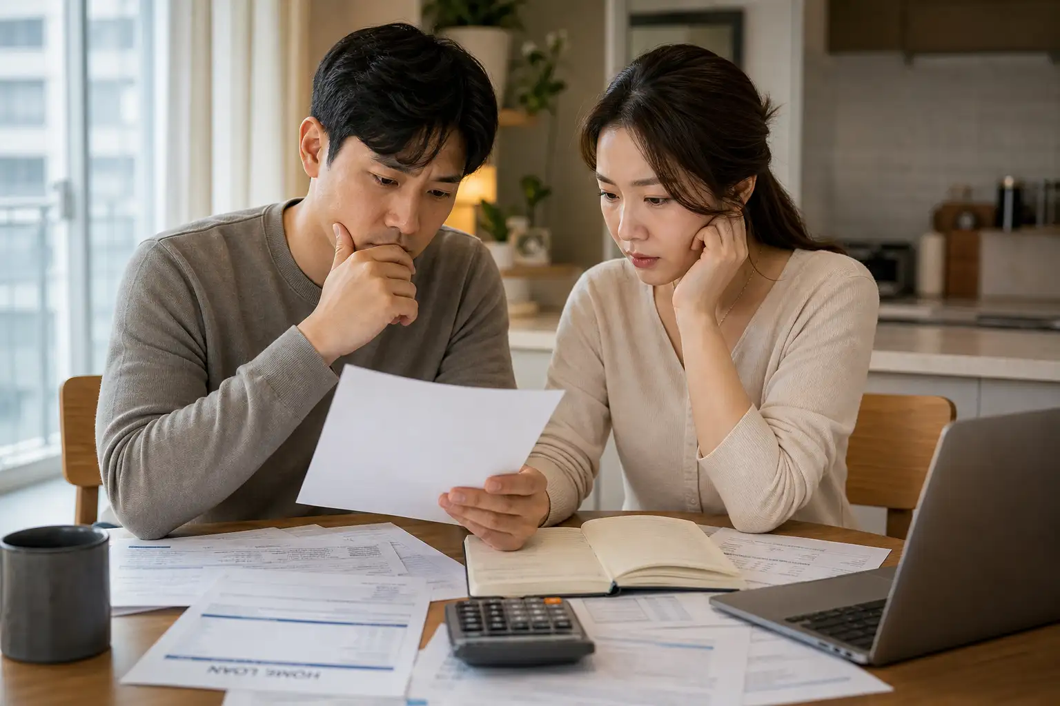 식탁 위에 가계부와 계산기, 대출 서류를 펼쳐놓고 월 상환액을 계산하는 부부, 저녁 시간대