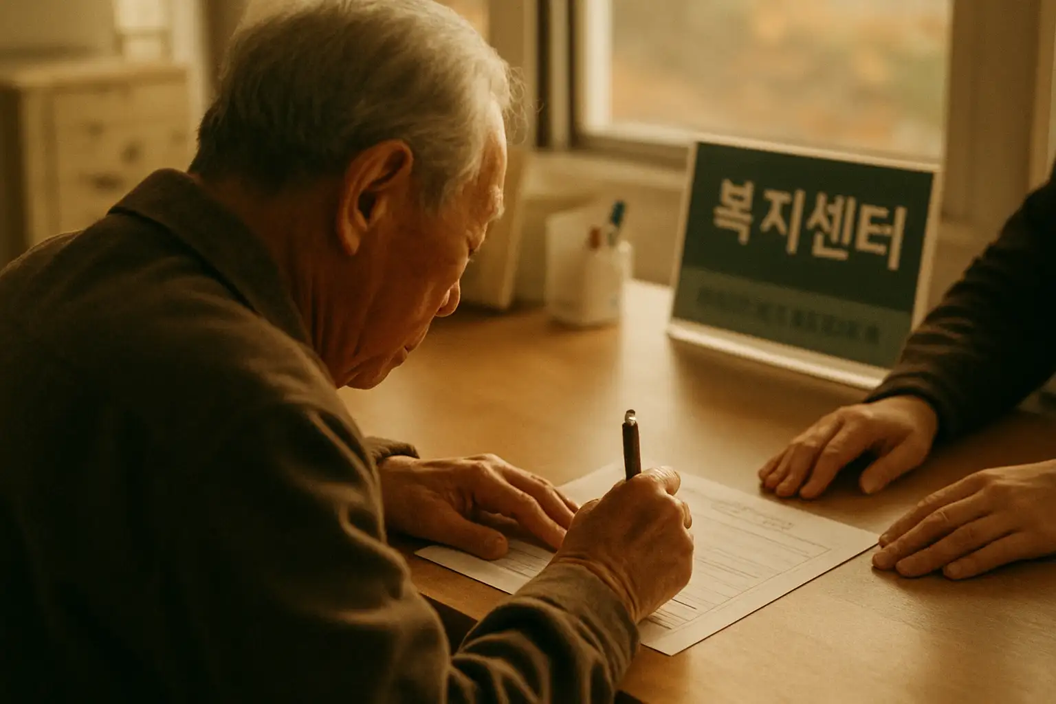 추석을 앞둔 지자체 행정복지센터 창구에서 주민이 지원금 신청서를 작성하는 모습, 가을 오후