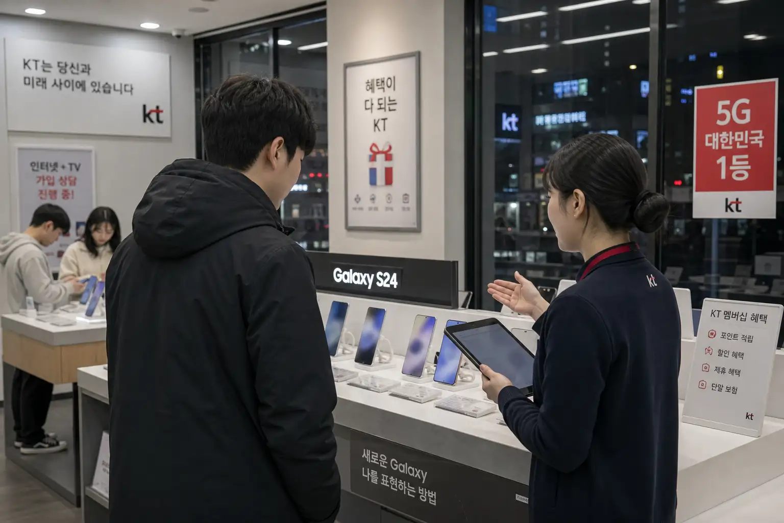 스마트폰 매장 진열대 앞에서 직원에게 배송 지연 안내를 받는 고객, 저녁 시간대