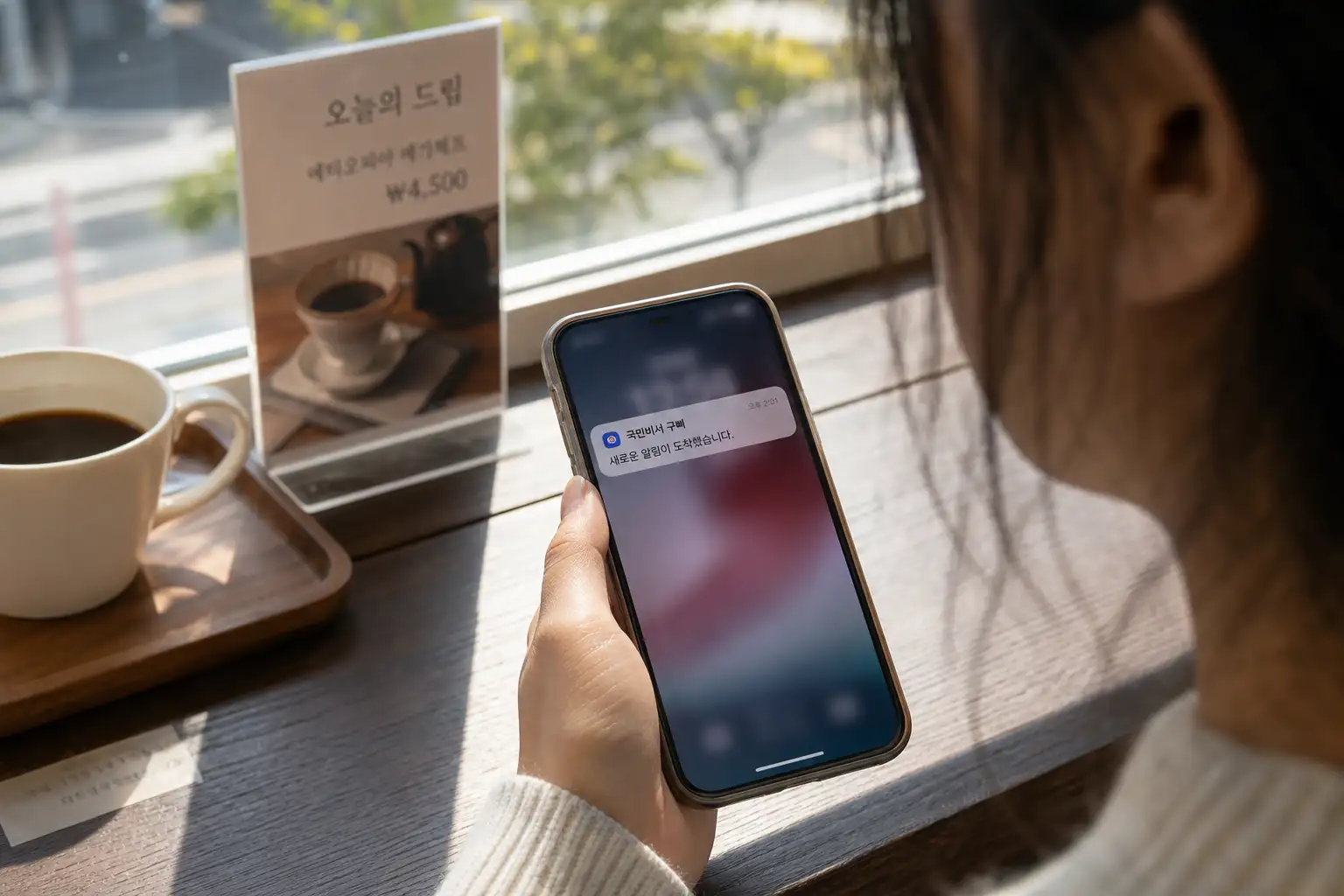 스마트폰 화면으로 국민비서 알림 메시지를 확인하는 손, 카페 테이블 위 오후